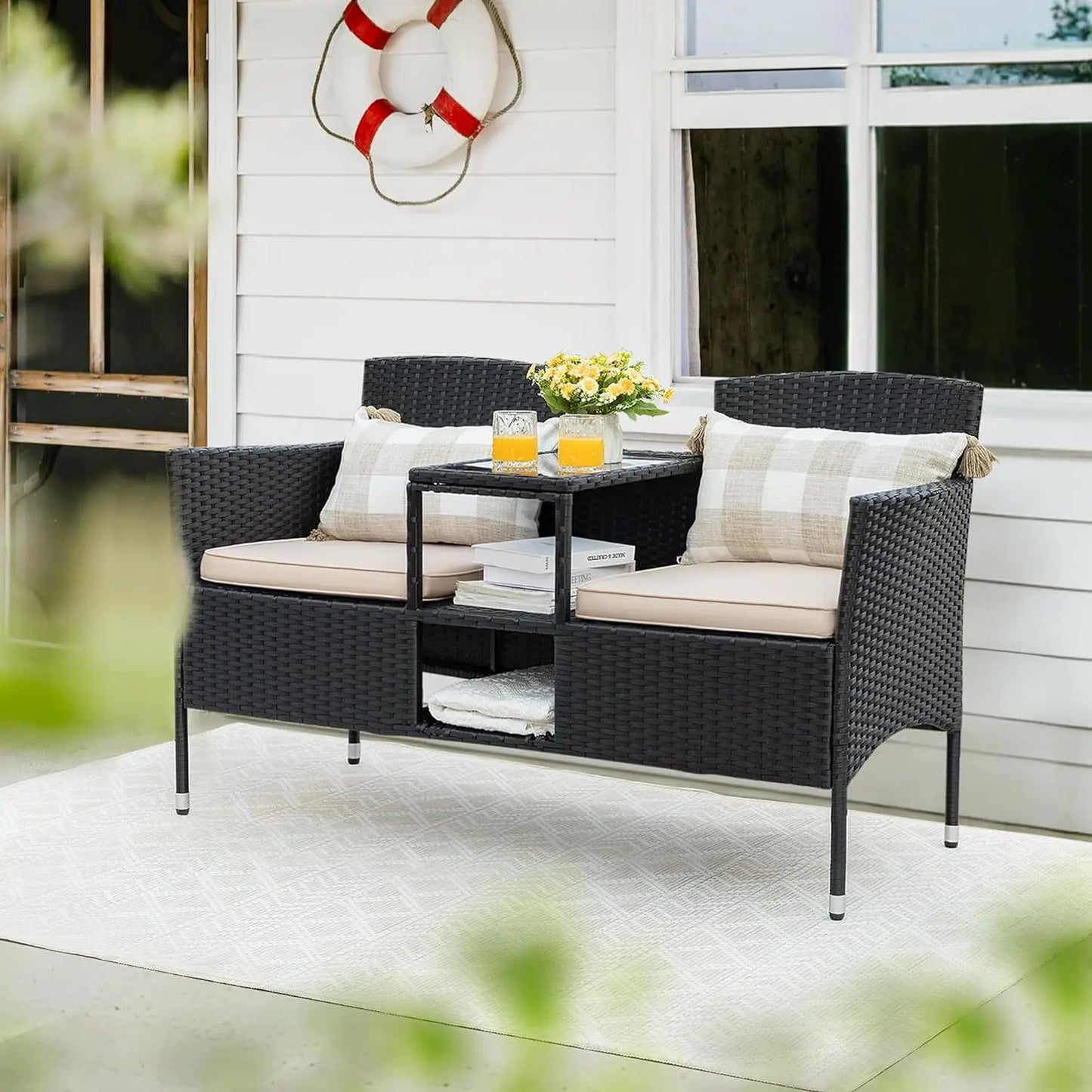 Patio Loveseat Wicker with Built-in Table and Cushions