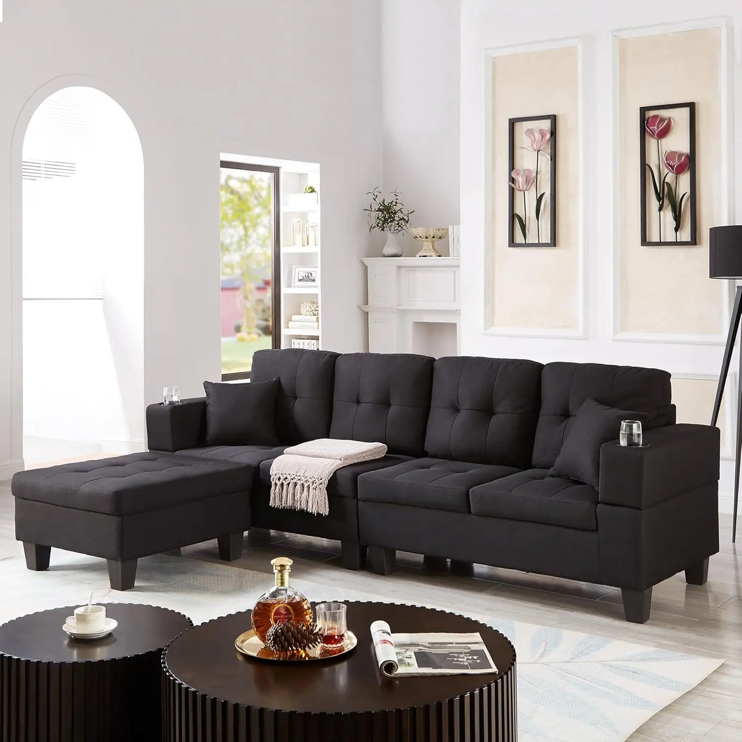 Convertible Sectional Sofa With Ottoman 2 Cup Holders 2 Pillows