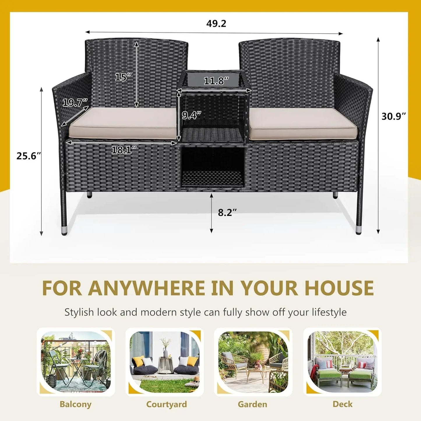 Patio Loveseat Wicker with Built-in Table and Cushions