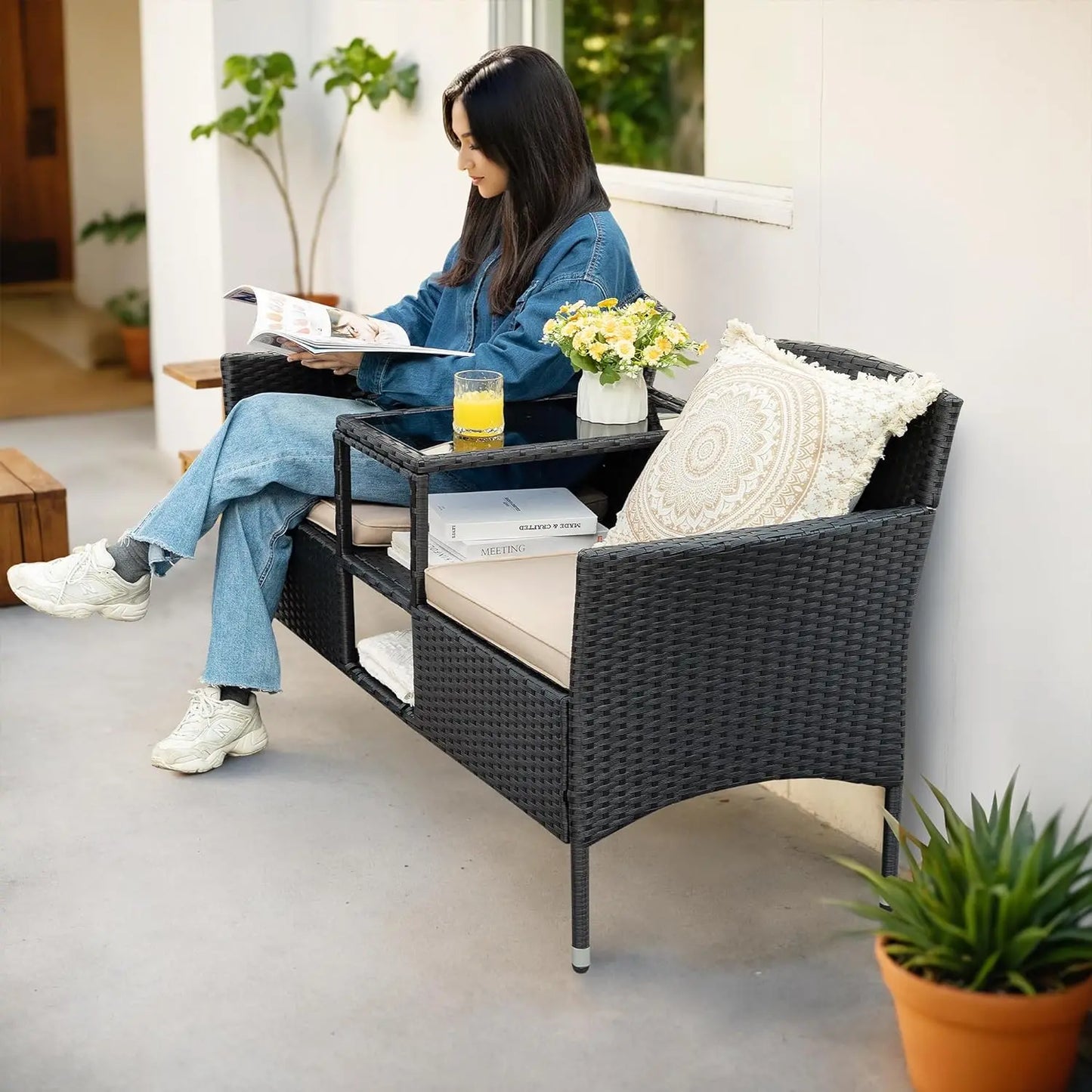 Patio Loveseat Wicker with Built-in Table and Cushions