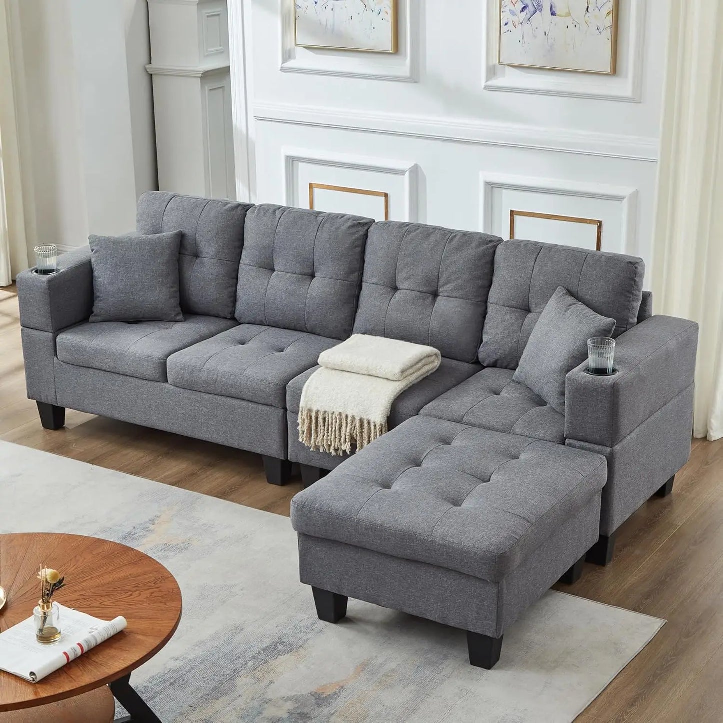 Convertible Sectional Sofa With Ottoman 2 Cup Holders 2 Pillows