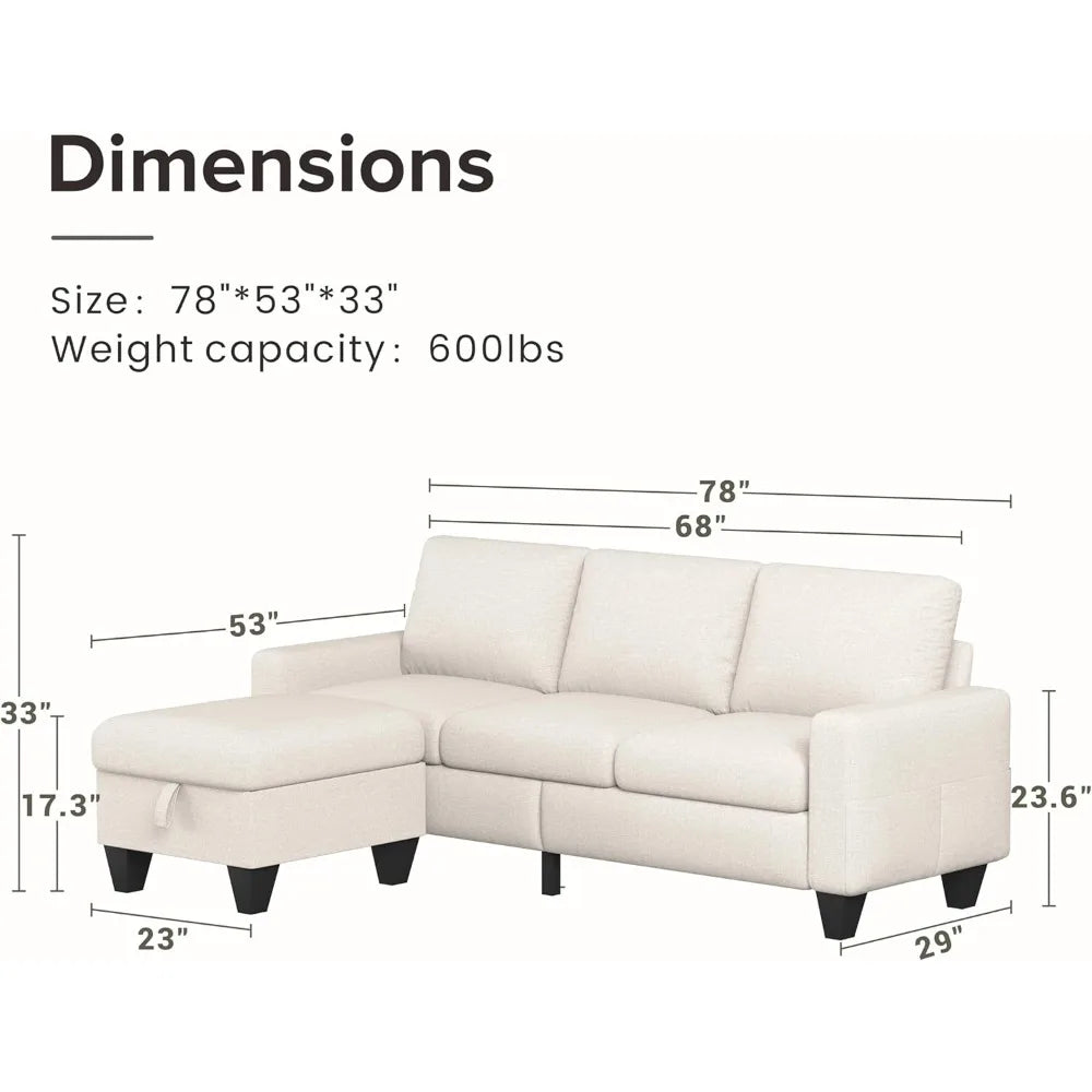 Convertible Sectional Sofa 3 Seat L-Shaped