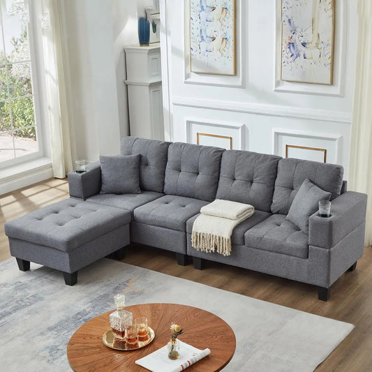 Convertible Sectional Sofa With Ottoman 2 Cup Holders 2 Pillows