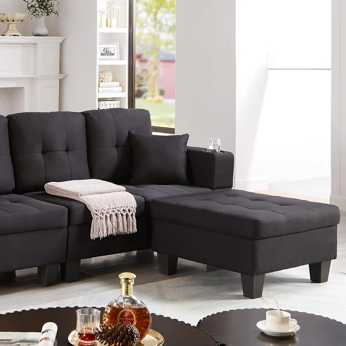 Convertible Sectional Sofa With Ottoman 2 Cup Holders 2 Pillows